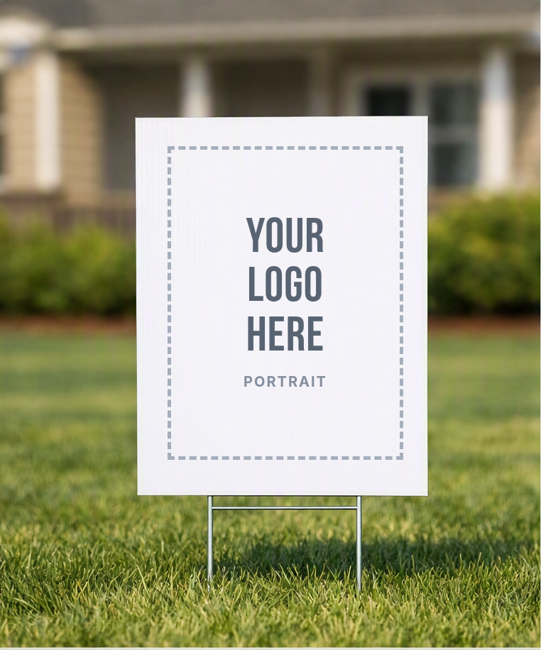 Blank 12 by 18 inch portrait coroplast yard sign on a wire H-stake in a front lawn.