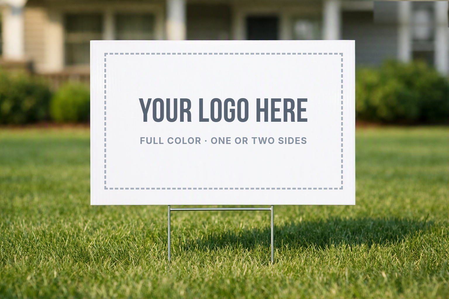 Blank 24 by 18 inch coroplast yard sign on a wire H-stake in a front lawn, marked 